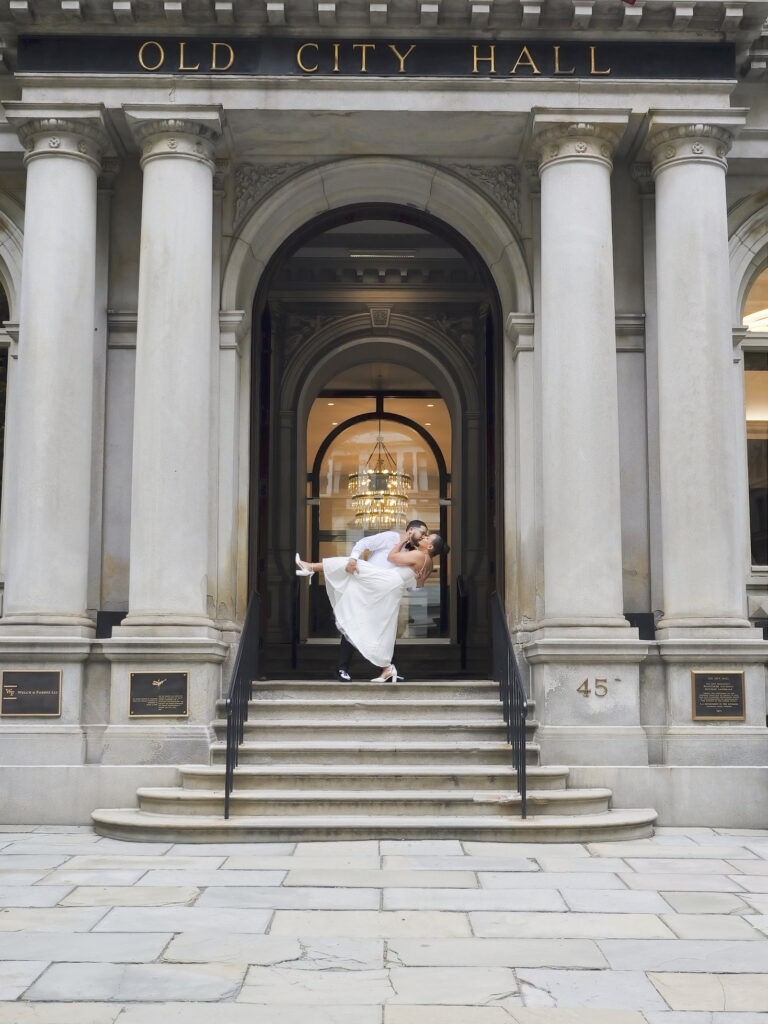 Bride on the steps of Boston Old City Hall